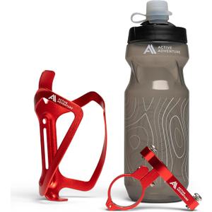 Bike Water Bottle Holder Combo - 20 Oz Squeeze Bottle & Bicycle Mount Cage Rack, No Screws Needed, Durable Alloy - Fits All Handlebar Bikes & MTB Mountain Road - for Adults, Kids (Red)
