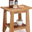 14" Compact Teak Shower Stool with Shelf & Handle - Waterproof, Non-Slip Bath Bench for Small Bathrooms/Tub/Outdoor Use, 300 lbs Capacity (Patented) (14"W x 10" Dx 17"H)