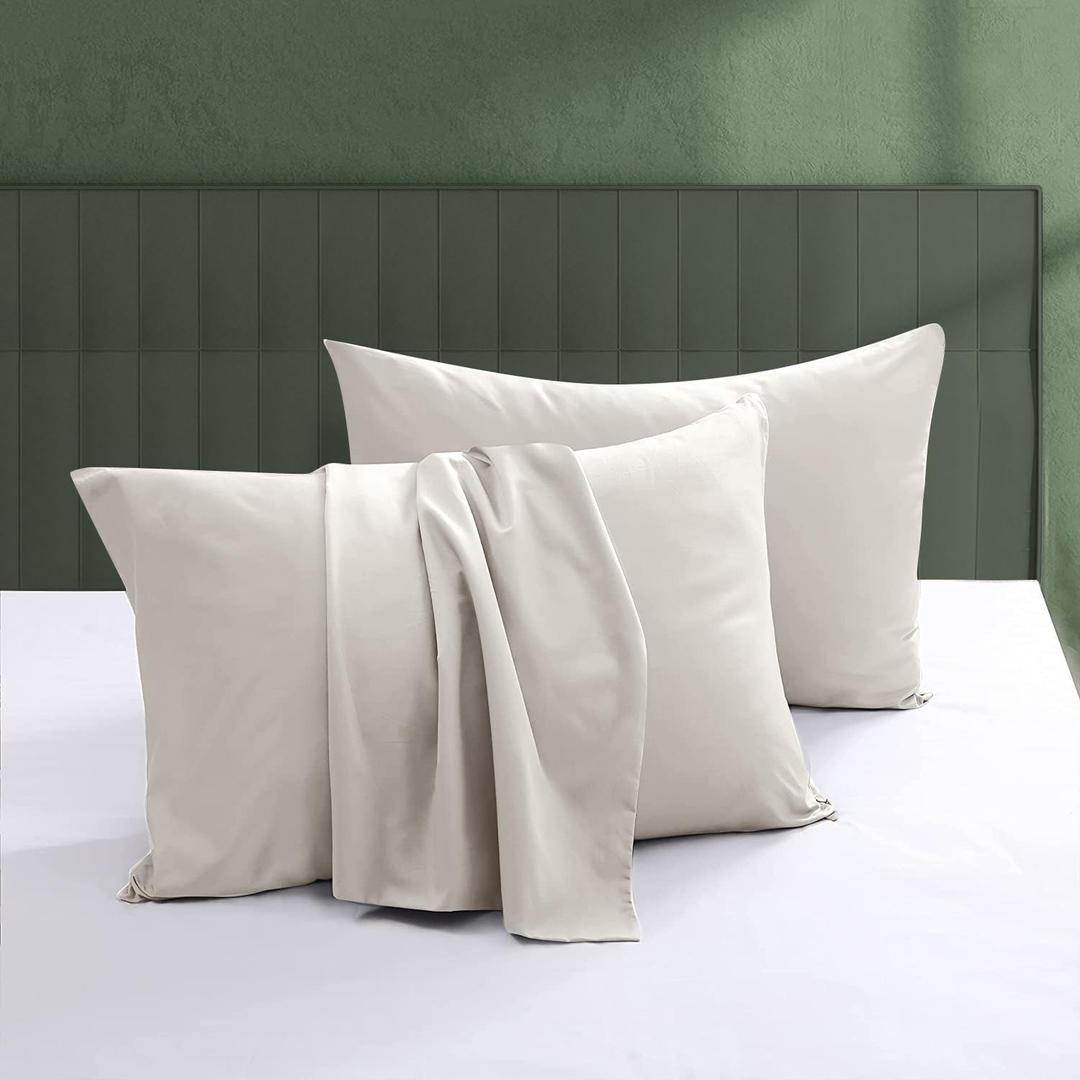 100% Egyptian Cotton Pillow Protectors Set of 2, 600 Thread Count Standard Bed Pillow Cases with Zipper, Sateen Weave Cooling Pillow Cases Quiet and Breathable Easy Care (2PCS, Standard, Light Beige)