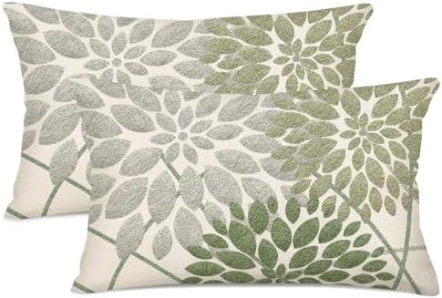 Sage Green Decorative Dahlia Boho Lumbar Pillow Covers 12x20 Inch Set of 2 Geometric Floral Elegant Gray Green White Decor Rustic Farmhouse Throw Pillows Cushion Cases for Sofa Bed Decor