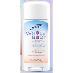 Secret Whole Body Deodorant Cream for Women, Peach & Vanilla Blossom Scent, Aluminum Free Deodorant, 72 HR Odor Protection, 2.4 oz