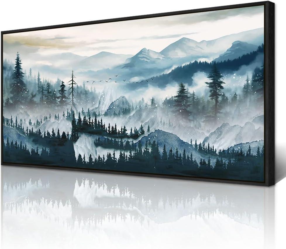 Wapluam Black Framed Wall Art For Living Room Large Abstract Wall Decor For Bedroom Office Inspiration Pictures Fog forest Wall Painting Canvas Art Prints Artwork Ready To Hang Home Decorations (40L" x 20W")