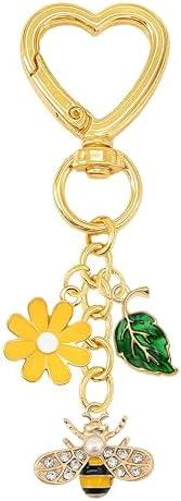 VITITRAN Bee Keychain for Women Girls, Cute Bumble Bee Bag Charm with Gold Heart Ring, Purse Keys Backpack Wallet Accessory, Pack of 2 