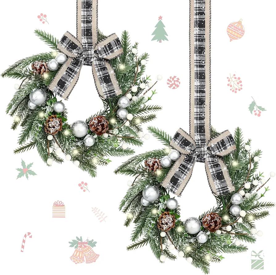 2 Pcs 9 Mini Christmas Wreath for Cabinet Front Door Christmas Green and White Artificial Ball Cone Winter Wreath for Wedding Window Home Wall Indoor Decor