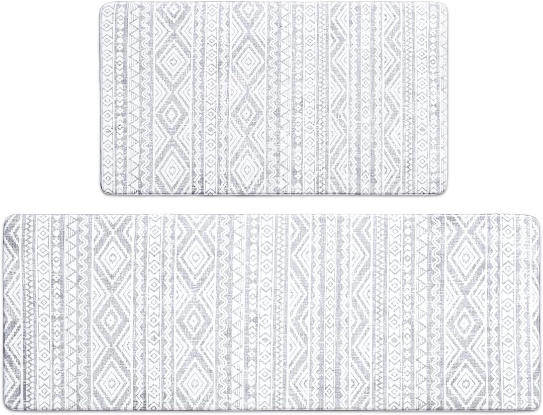 FRESHMINT Anti Fatigue Kitchen Mats for Floor 2 Piece Set, Waterproof & Non-Skid Boho Kitchen Rugs, Cushioned Kitchen Mat for Standing Washable Comfort Desk Kitchen Runners, 17x30+17x47 (Stone Gray)