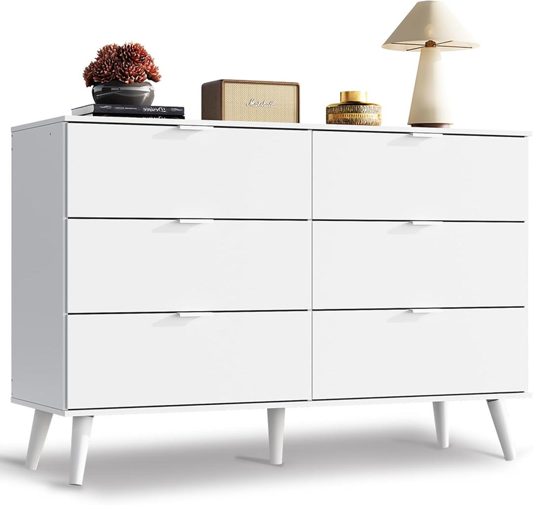 WLIVE 6 Drawer Dresser for Bedroom, 47.24'' Wide Wood White Dresser, Storage Organizer with Sturdy Metal Handle, TV Stand for 55 inch TV, Chest of Drawers for Living Room, Hallway, Closet