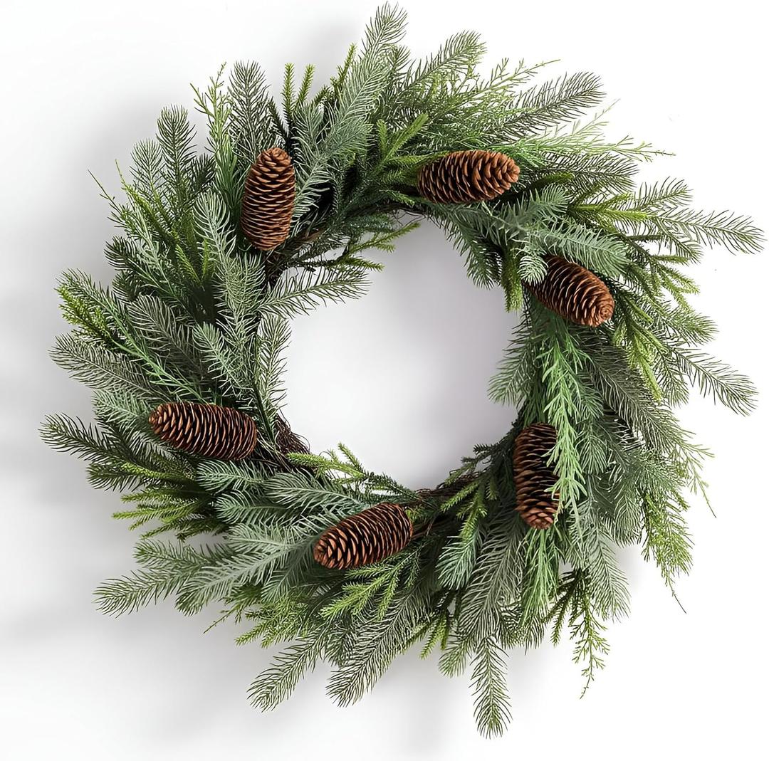 DN DECONATION 24" Christmas Wreath for Front Door, Sage Green Pinecone Wreaths Christmas Decor, Xmas Holiday Wreath Outdoor Indoor for Wall, Porch, Mantel Decoration (Green and Brown)