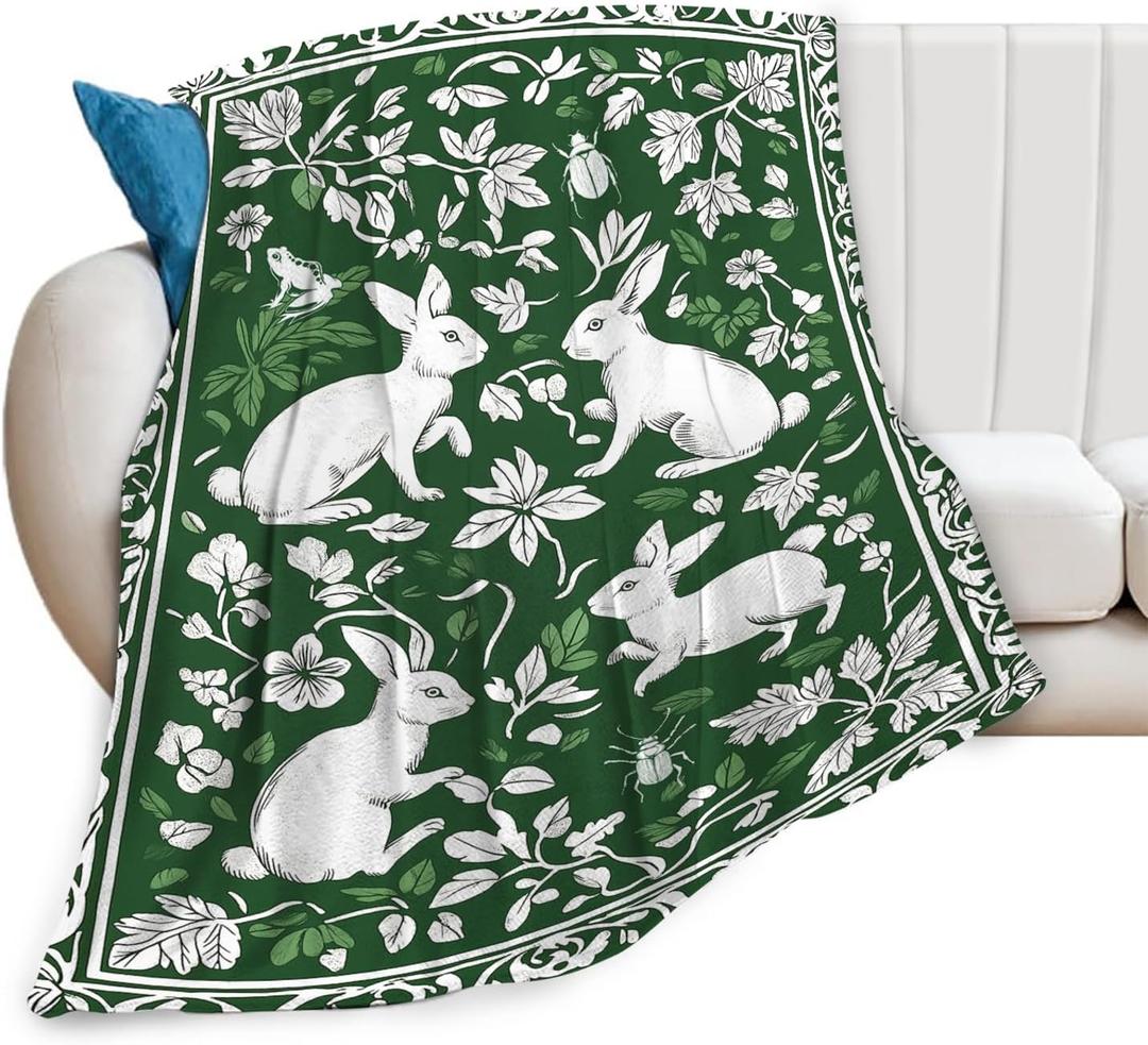 Tijuboni Rabbit Throw Blanket - Botanical Hare Insect - Bunny Gifts for Girls Women Boys Men Kids Adults Soft Flannel Fleece Blanket for Couch Sofa Bed Home Decor 40"x50" (Nature Green)