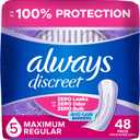Always Discreet Adult Incontinence Pads for Women, Maximum Absorbency, Regular Length, Postpartum Pads, Up to 100% Bladder Leak Protection, 48 Count