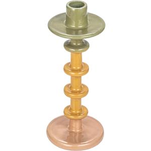 Bloomingville Enameled Decorative Metal Taper Candle Holder, Green, Tan and Pink