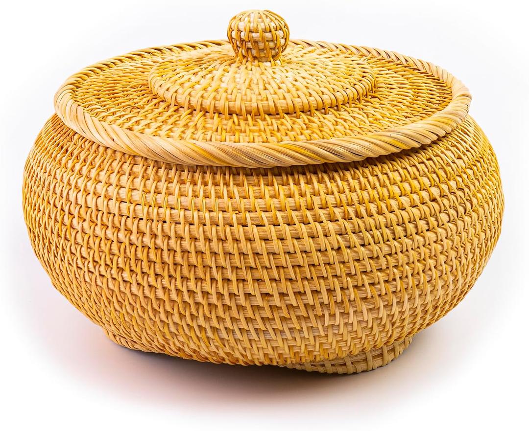 Hand-Woven Round Rattan Storage Basket with Lid 8.6x5.1 Inch Durable Wicker Box for Picnic, Decoration, and Multi-Purpose Storage Eco-Friendly Craftsmanship