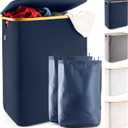 LONBET Laundry Basket with Lid, Made from Breathable Fabric | Aesthetic Clothes Hampers for Laundry with Side Handles & Sturdy Bamboo Frame (40 Gallons - Double, Blue)
