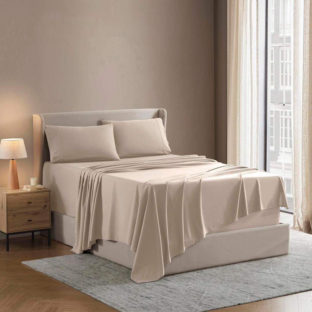 Nestl Split King Bed Sheet Set - Beige Cream - Instantly Soft Microfiber, No Break-in Wash - 4-Piece Deep Pocket Sheets & Pillowcases, Stays Put All Night