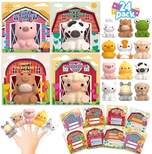 AuroTops 24 Pack Farm Animal Finger Puppets with Unique Cards, Valentine Party Favors for Boys & Girls, Kids Exchange Valentine's Gifts