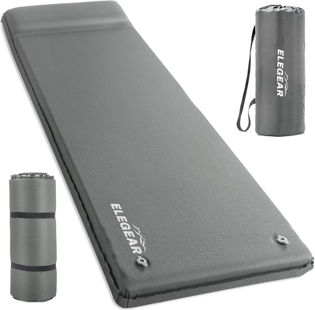 Elegear Self Inflating Sleeping Pad, 3.15" Ultra-Thick Memory Foam Camping Pad with Pillow Fast Inflating in 20s Insulated Camping Mattress Pad 4-Season Camp Sleeping Mat for Camp/Travel/Car/Tent (Single, Grey)