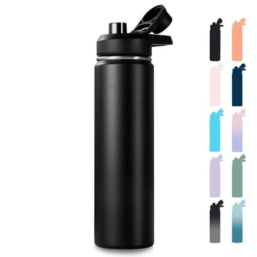Fijinhom 24 oz Insulated Water Bottle with Handle, 304 Stainless Steel Water Bottles with Wide Mouth, Double Wall Vacuum Sports Water Bottle, BPA Free, Keep Cold and Hot, Black