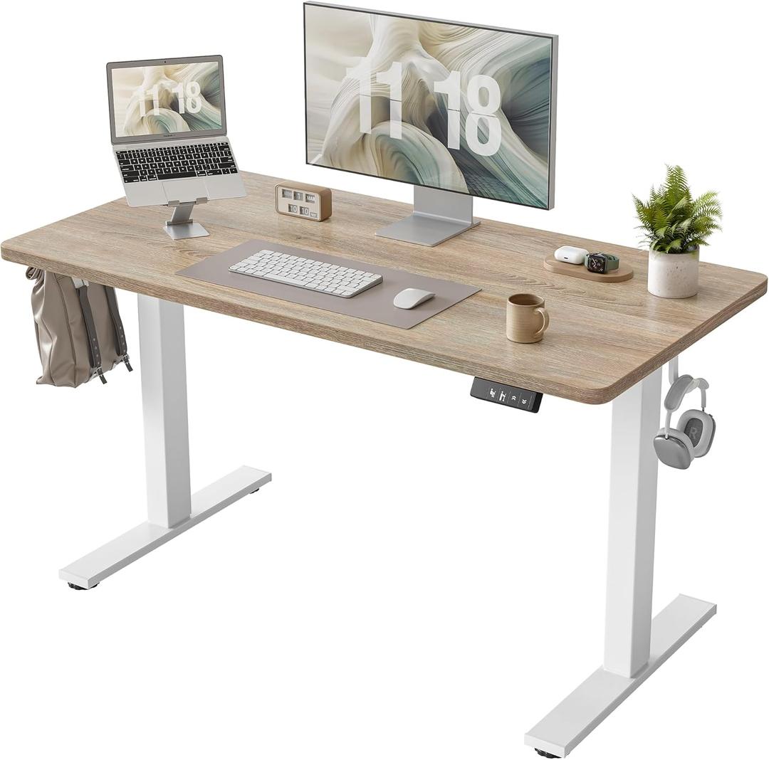 TIQLAB Height Adjustable Electric Standing Desk, 47 x 24 inch, Sit Stand Up Desk, Splice Board, Computer Home Office Desk, White Frame/Maple Top