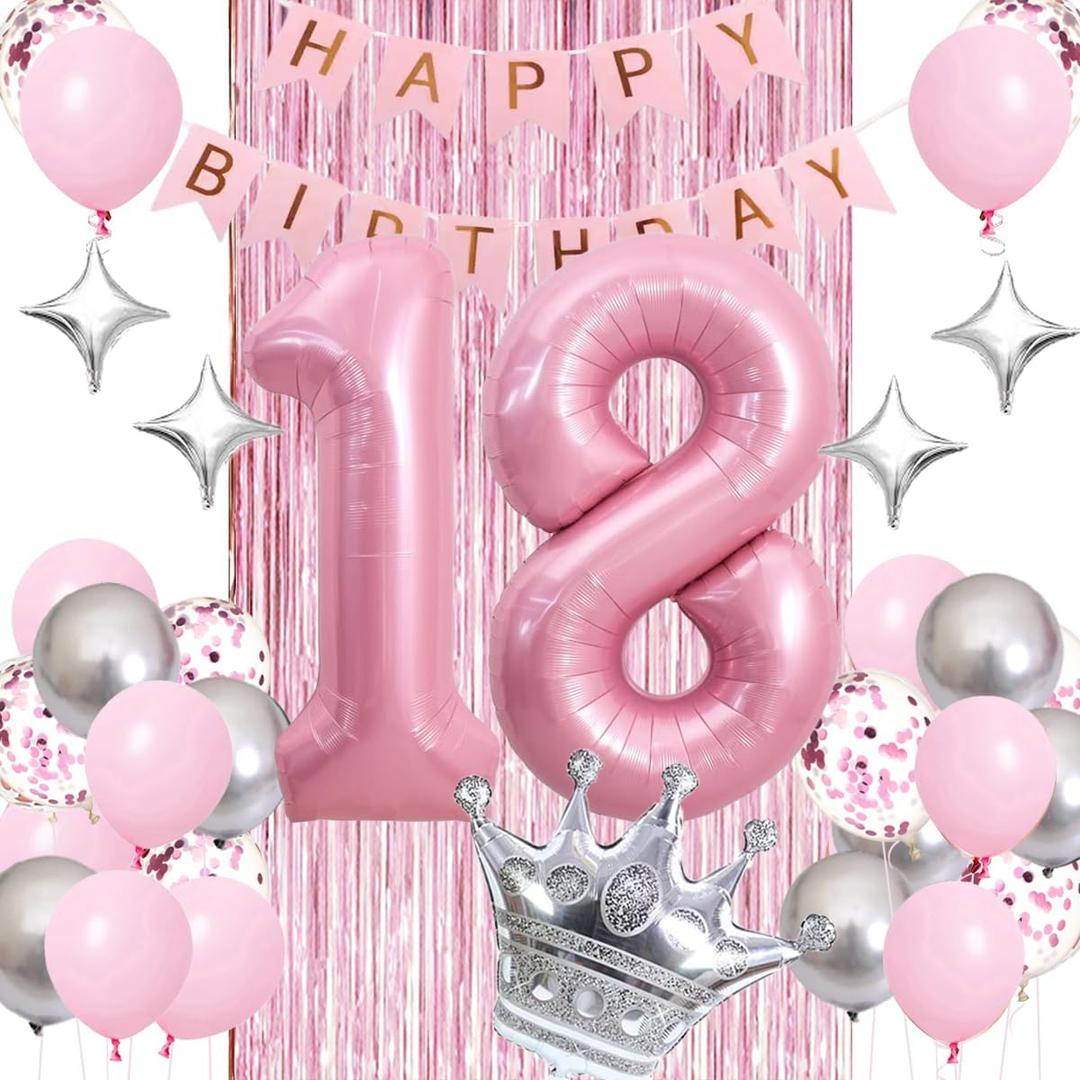 Sweet 18th Birthday Decorations Pink, Happy Birthday Decorations for Girls Pink Silver Balloons Number 18 Balloons,Fringe Curtain, Crown Balloon, Star Balloon for Her Girl 18th Birthday Princess Party
