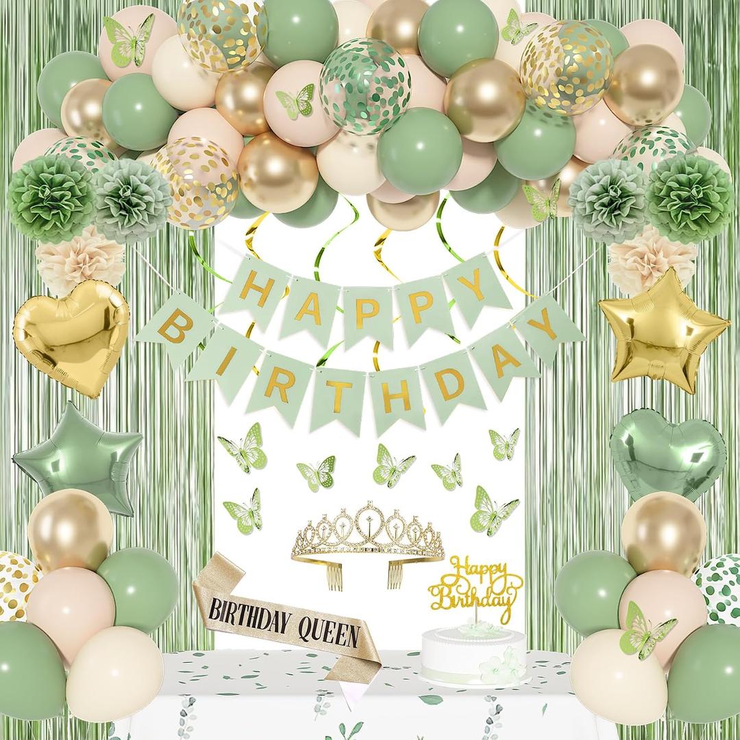 Ouddy Life Sage Green Birthday Party Decorations, Happy Birthday Banner Gold Heart Star Foil Balloons Paper Pompoms Fringe Curtain Cake Topper Crown, Neutral Birthdays Decorations for Women Girls