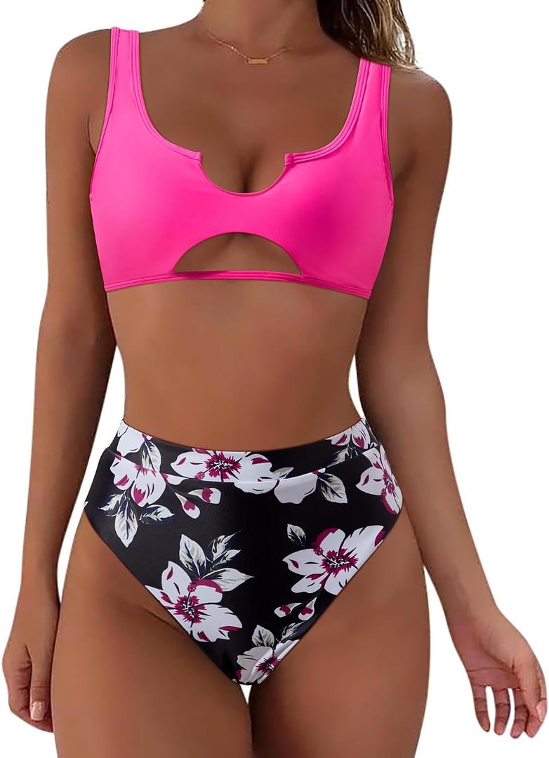 SUUKSESS Women Cutout Bikini Sets Push Up High Waisted Swimsuits 2 Piece (Pink, M)