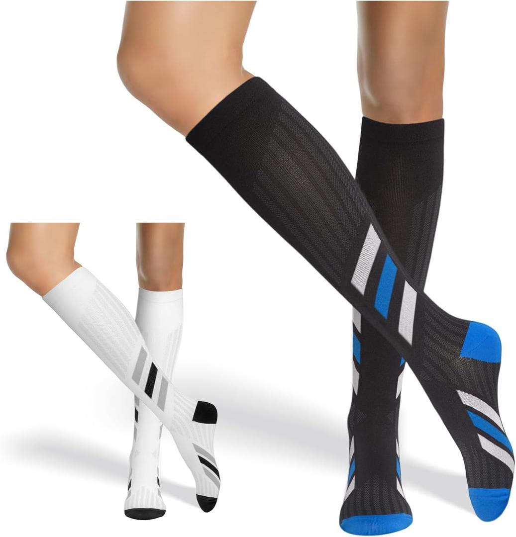 Neon X Compression Socks for Women & Men 20-30mmHg (2 pairs) Best Support for Running Athletic Cycling Nursing Pregnancy Travel Work and Fitness (Black/White)