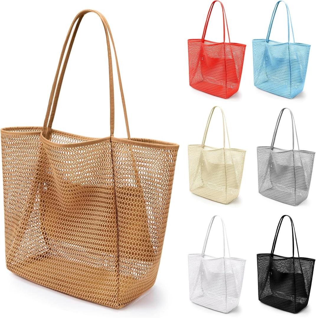 VOROLO Mesh Tote Beach Bag,Women Fairycore Hobo Bag,Shoulder Bag,Soft Summer Casual Crochet Bags (Khaki)