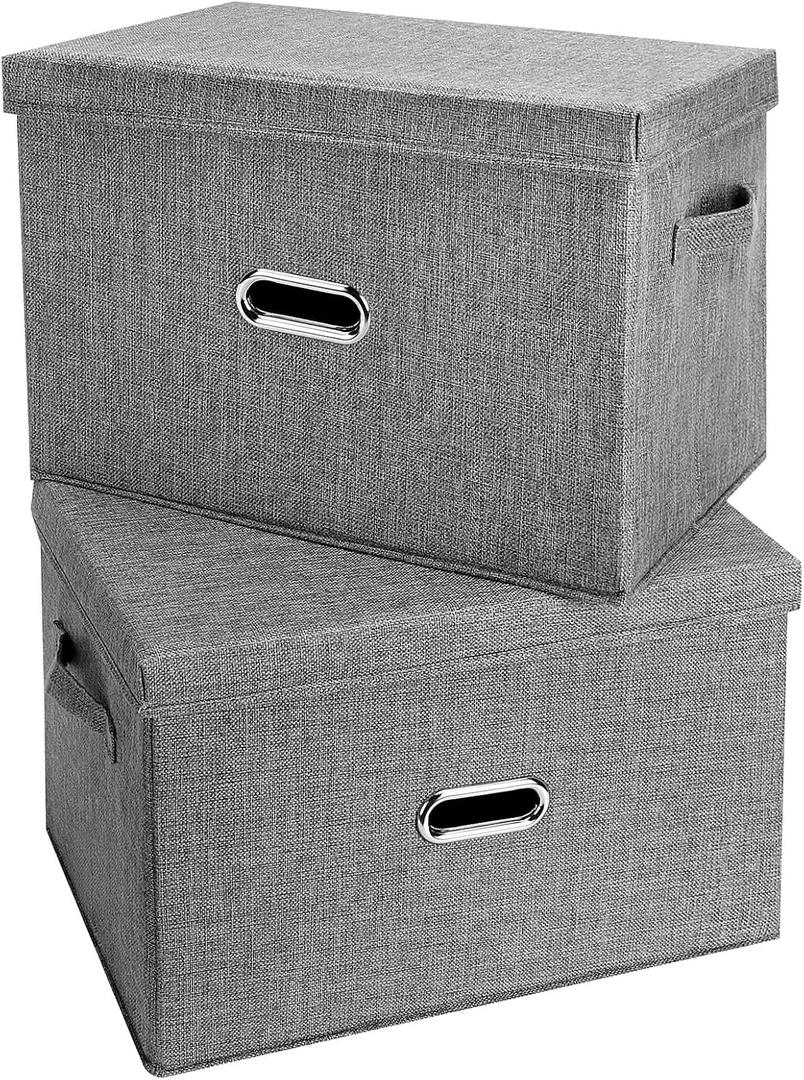 Large Linen Fabric Foldable Storage Bins with Removable Lid and Handles, Washable Storage Box Organizer Containers Baskets Cube with Cover for Bedroom, Closet, Office (Grey, Extra Large(2-Pack))