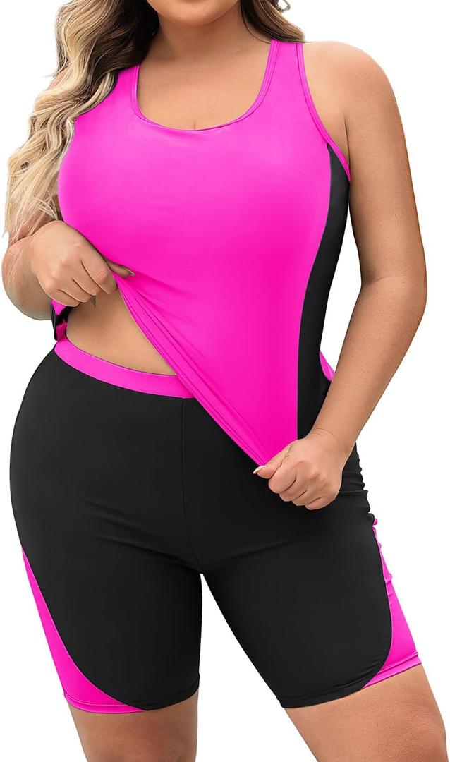 Daci Women's Plus Size Tankini Swimsuit - Two Piece Rash Guard with Capris Shorts and Athletic Racerback Bathing Suit, Size: 16W