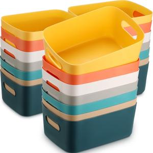 Leinuosen 21 Pack Plastic Storage Baskets Plastic Storage Bins Pantry Organizer Bins for Kitchen Freezer Cabinet Closet Bathroom Under Sink Laundry Room Bedrooms Countertops Shelve(Dark Colors)