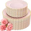 YOUBET 100PCS Pink Scalloped Plastic Plates - Heavy Duty Gold Disposable Fancy Hard Plates Include 50 Dinner Plate, 50 Dessert Plate, for Wedding & Party Mothers Day