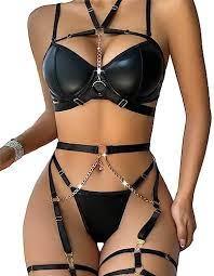 Lilosy Sexy Pu Leather Strappy Underwire Garter Belt Lingerie Set, Size Medium, Black