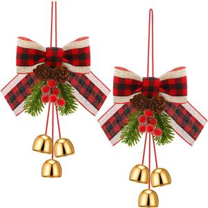 2 Pcs Christmas Plaid Bows with Pine Cones Needles and Bell Hanging Christmas Decoration Buffalo Plaid Bows Xmas Wreath Tree Toppers Bow for Kitchen Cabinet Holiday Party Decor(Red Black)