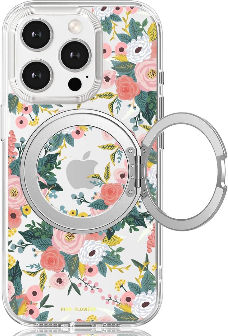 for iPhone 14 Pro Case with MagSafe Stand Ring for Women, Cute Spring Floral Design with 360 Kickstand Holder Magnetic Shock Proof Heavy-Duty Protection Pink Flower