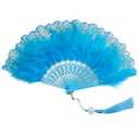 Fumwase Foldable Feather Fan Embroidered Flower Handheld Chinese Folding Fans 1920s Feather Fan Flapper Hand Fan for Costume Party Wedding Dancing Decoration (Light Blue)