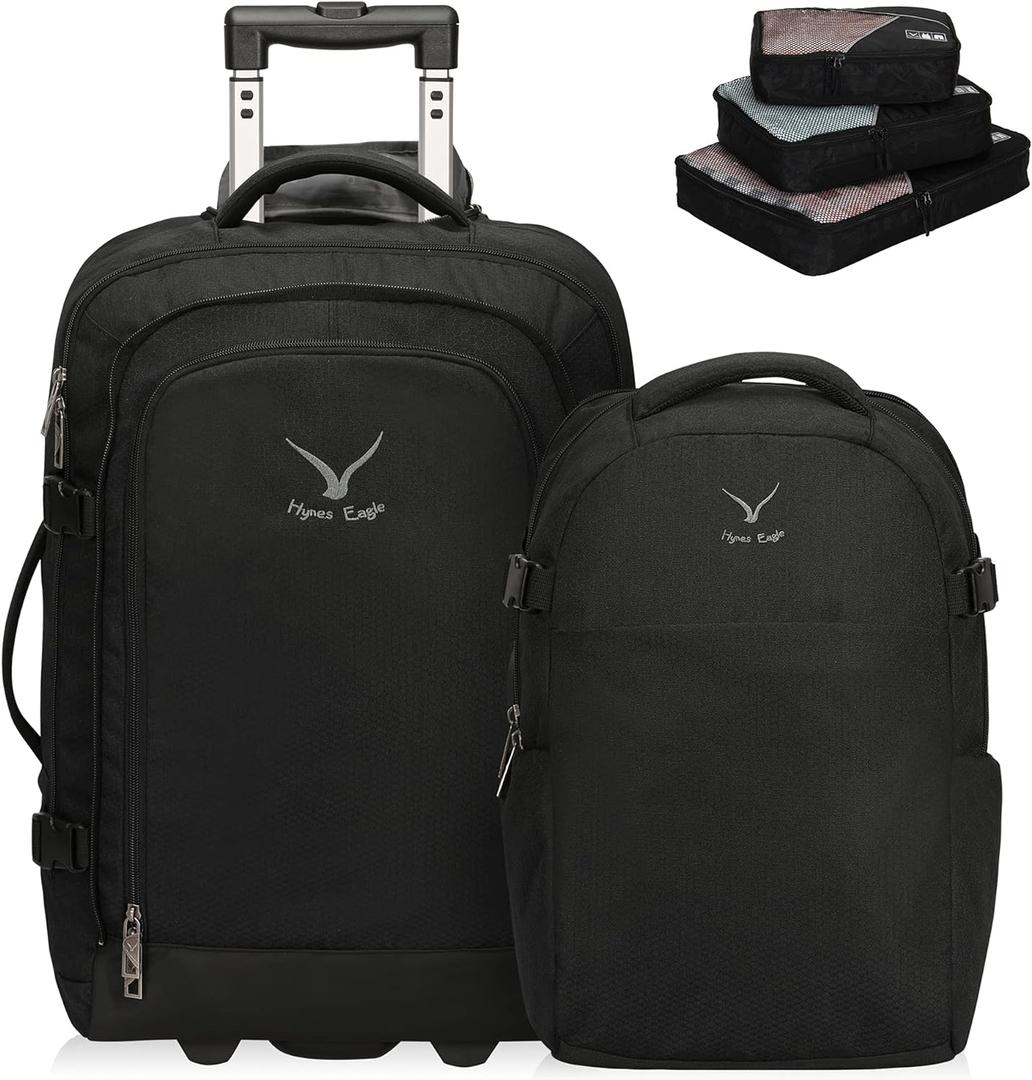 Hynes Eagle 2 in 1 Travel Backpack 22 inches Carry on Luggage 63L Rolling Backpack for Men Women with Packing Cubes 3PCS Set (Black)