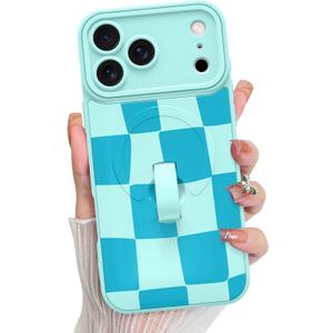 KANGHAR Compatible with iPhone 17 Pro Case, Support for MagSafe, Silicone Checkered Cute Pattern, Wristband Kickstand Camera Protection Soft Slim Cover for Girls Women - Blue