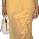 NRTHYE Women Elegant Irregular Ruffles Hem Maxi Dress Mesh Ruched Sleeveless Backless Pleated Long Party Club Dresses (Yellow) Large