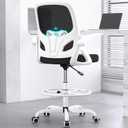 Tall Drafting Chair with Footrest Ring for Home and Work, Ergonomic Home Desk Office Chair with Flip up Arms and Lumbar Support, Extended Height Executive Home Desk Office Chair(White)