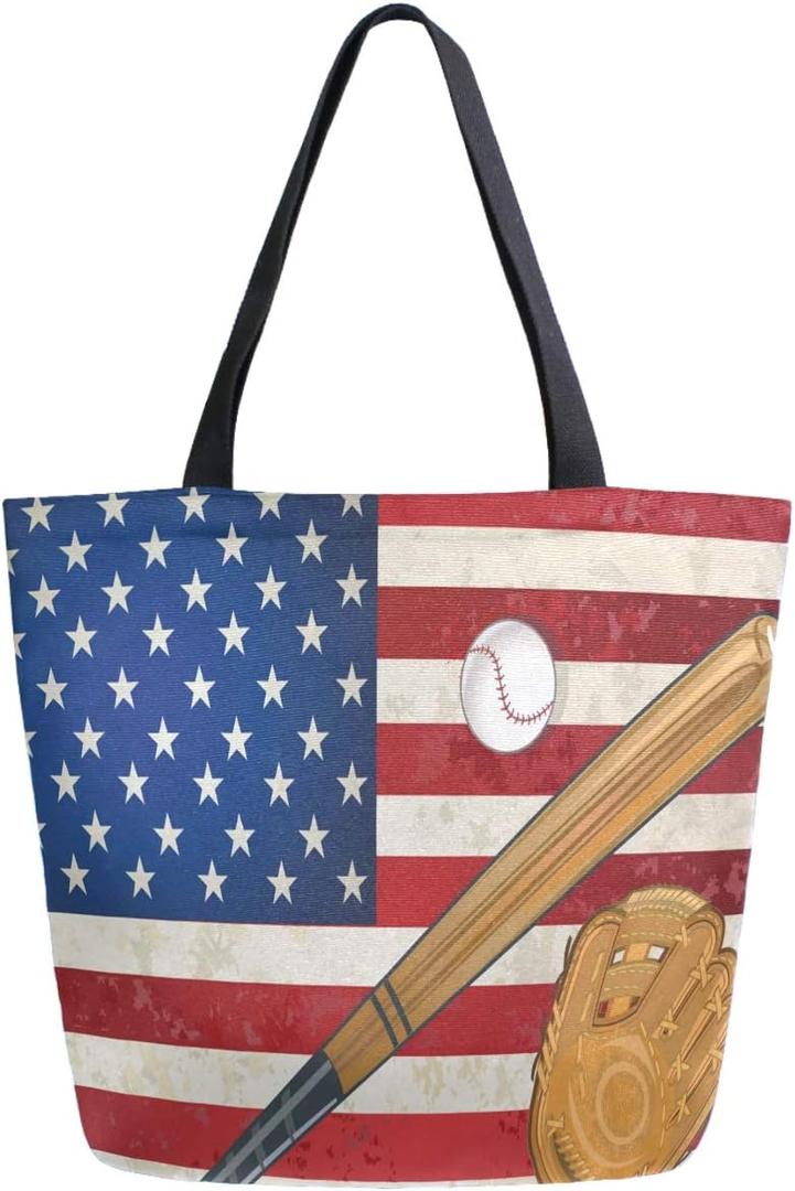Chic Extra Large Shoulder Grocery Tote Bag, Stylish American Flag and Baseball Pattern Canvas Reusable Handle Bags for Men Women Gym Weekender Picnic Beach Travel Home Storage Market Shopping