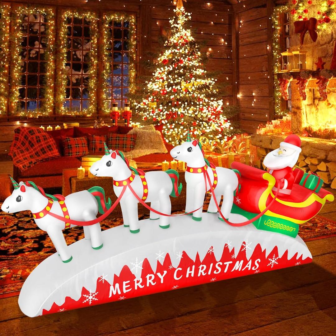 10FT Christmas Inflatables Outdoor Decorations, Santa Claus with 3 Reindeer Sleigh, Built-in LED Lights Christmas Snowmobile Inflatable for Indoor Outdoor Home Holiday Party Lawn Garden Dcor