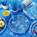 352 Pcs Snowflake Party Tableware Set Disposable Winter Frozen Birthday Party Wonderland Dinnerware Christmas Snowflake Tablecloth Plates Napkins Cups for 50 Guests(Blue)