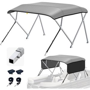 KAKIT Bimini Tops for Pontoon Boats with 2 Mesh Sidewalls Square Frame 600D Oxford Top with Rear Support Poles, Storage Boot 1 Inch Aluminum Frame(4 Bow 10'L 54" H 73"-78" W,Gray)