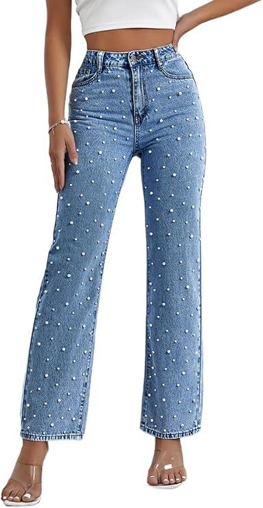 AprPith Women's Skinny Jeans Chic Pearl Decorated Stretch Casual Embellished Fashion Statement Denim Pants Medium Blue 2 XL
