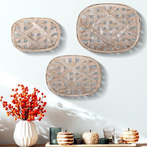Maxcheck 3 Pcs Rustic Tobacco Baskets Decoration Vintage Woven Wooden Nesting Trays Decorative for Home Rustic Kitchen (18.9 x 12.6'', 15 x 11'', 12.6 x 8.7'')