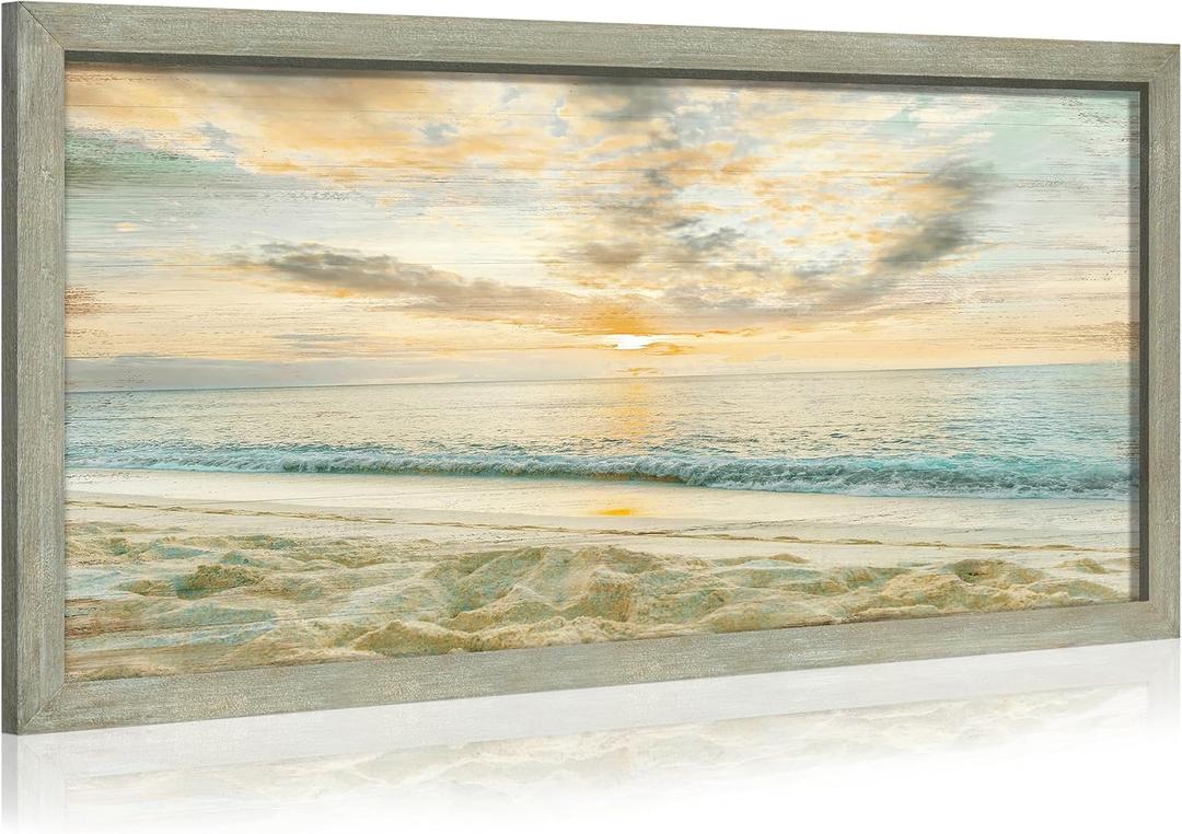 Beach Framed Wooden Wall Art: Large Coastal Picture Sunset Ocean Wave Painting Modern Sea Seaside Prints Seasacape Artwork for Living Room Bedroom Home Office
