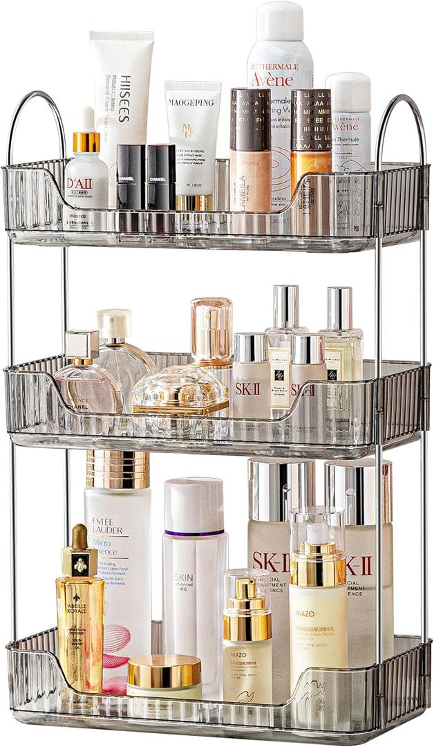 3 Tier Bathroom Organizer Countertop Makeup Perfume Tray Skincare Organizer for Bathroom Dresser Vanity (Grey)