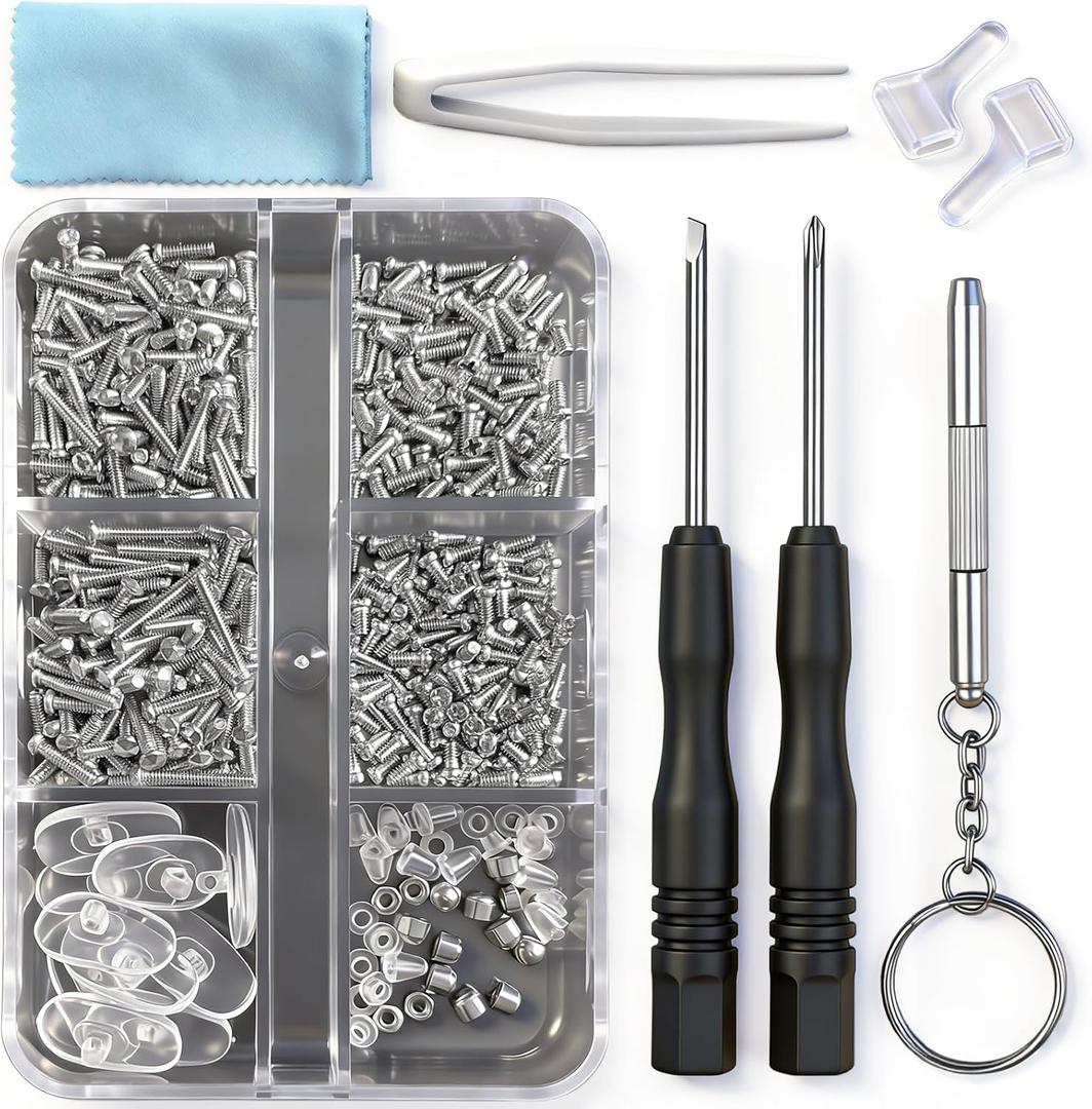PTSLKHN Eyeglass Repair Kit with Screws, 15 Types Screws for Eyeglasses - Frame Screws, Hinge Screws, Nose Pads Screws - Essential Eye Glasses Repairing Kit Tool