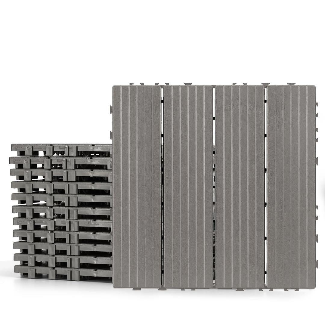 FHWTY Plastic Interlocking Deck Tiles 12 Pack, 12"x12" Waterproof Patio Flooring, Weather Resistant Outdoor Deck Tiles for Balcony, Porch, Backyard, Light Gray