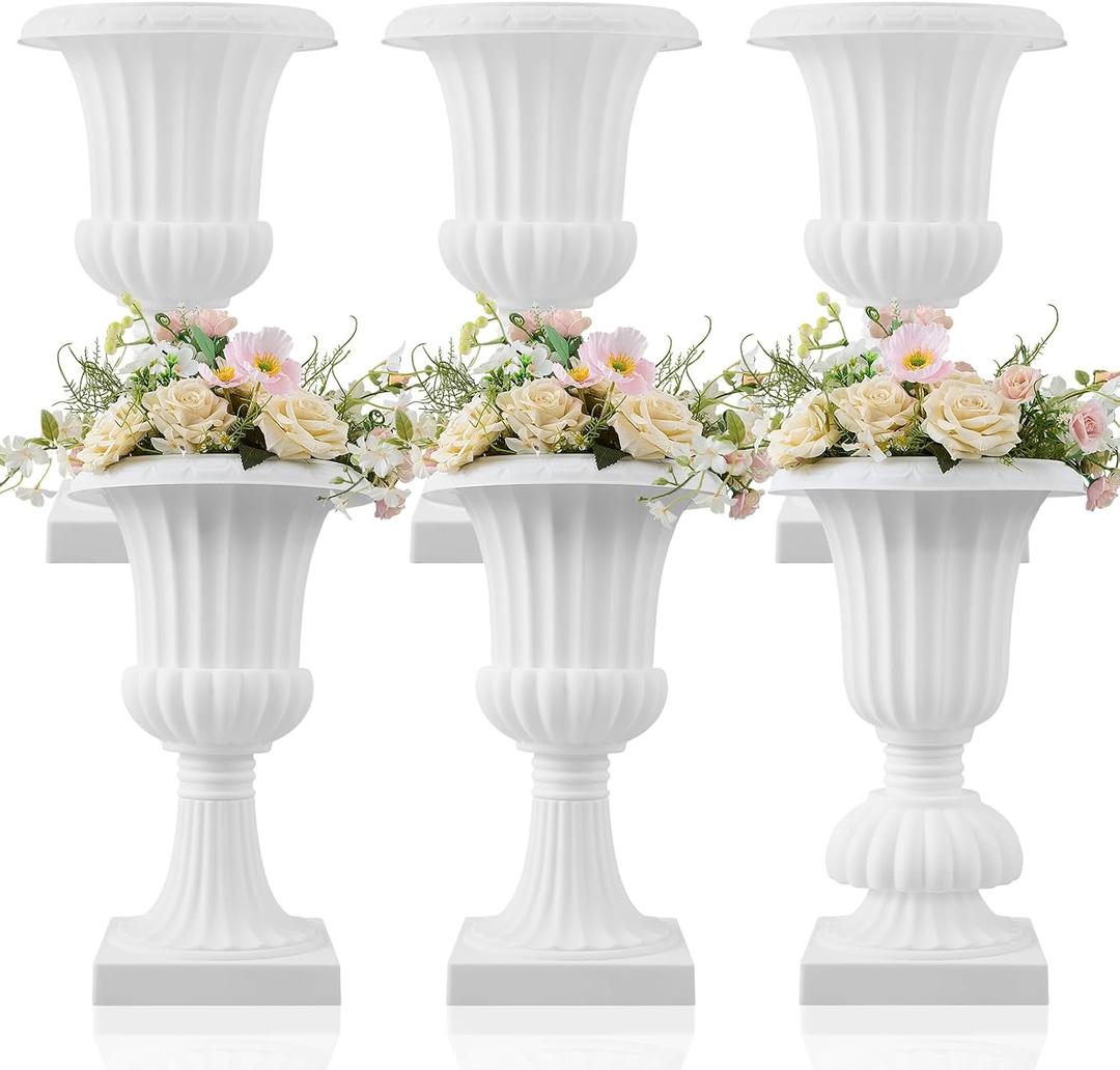AceOrbit 6 Pack 20" Large Plastic Urn Planters, Pedestal Flower Plant Pot White Plant Stand for Wedding, Party, Event, Home, Stage, Garden, Balcony Decoration