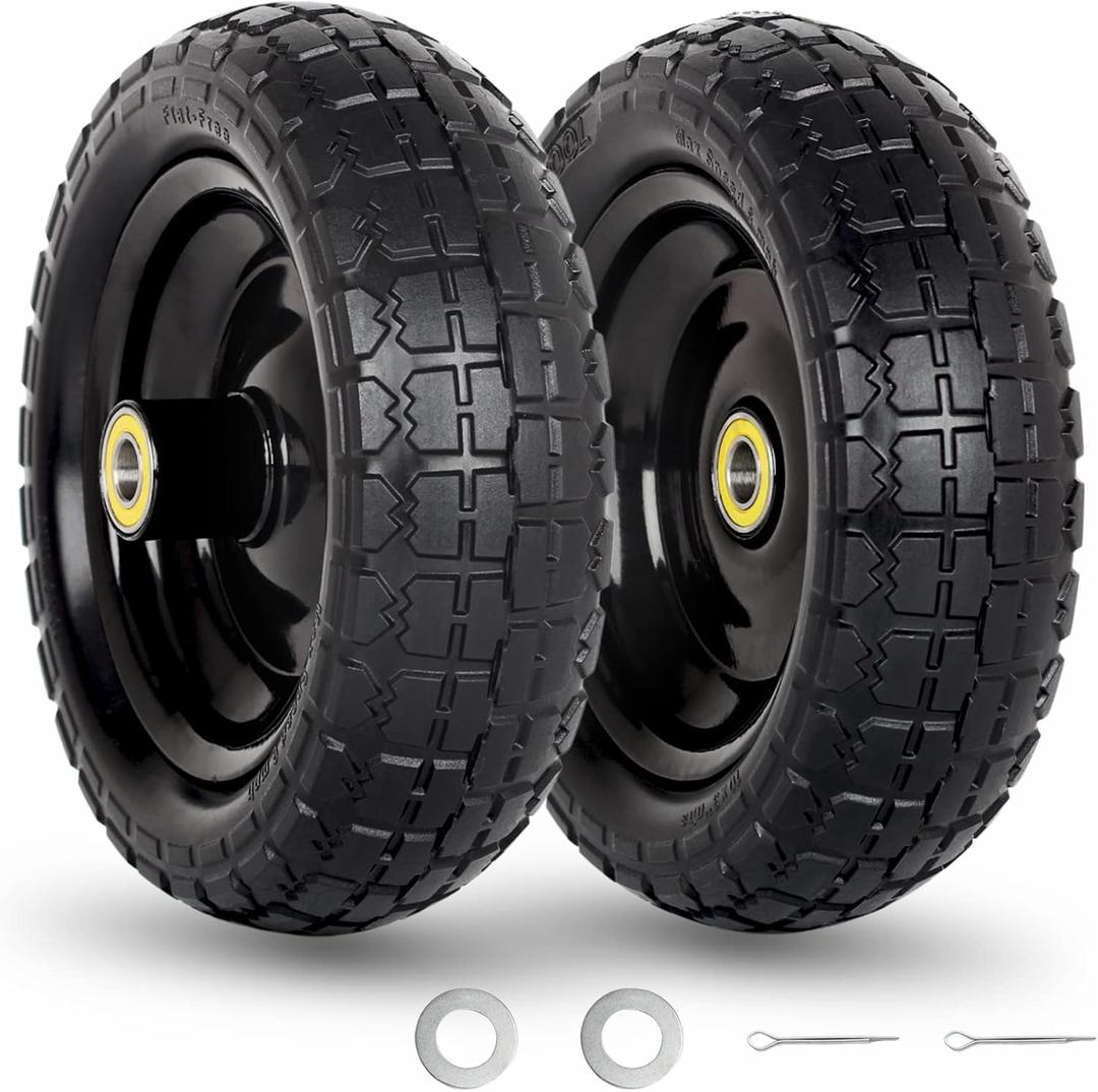 GICOOL 10" Flat-Free Solid Tire and Wheel Replacement 4.10/3.50-4, with 5/8" Axle Bore Hole, 2.2" Offset Hub, Compatible with Hand Truck Tire Garden Wagon Trolley Dolly